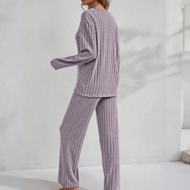 Autumn And Winter Warm Light Purple Knitted V-Neck Button Cardigan Ribbed Long-Sleeved Trousers Home Good Sleep Two-Piece Set