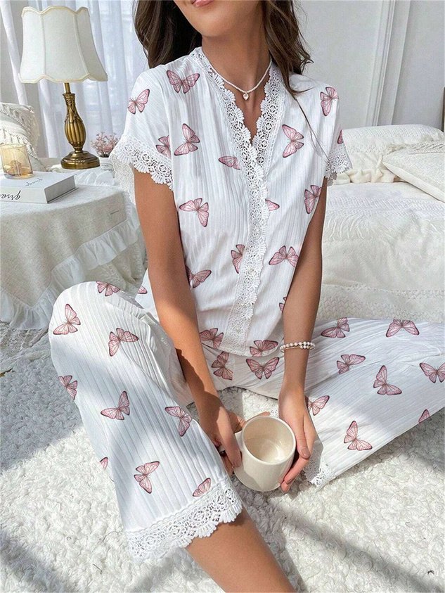 Simple V Neck Floral Loose Lounge Set