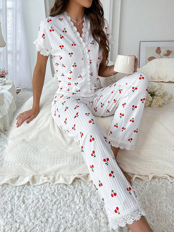 Simple V Neck Floral Loose Lounge Set