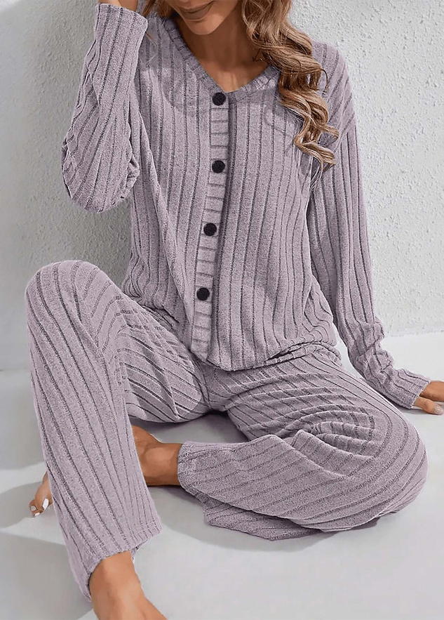 Autumn And Winter Warm Light Purple Knitted V-Neck Button Cardigan Ribbed Long-Sleeved Trousers Home Good Sleep Two-Piece Set