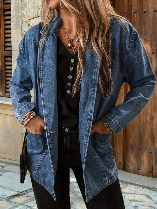 Elegant Commuter Slim Fit Suit Collar Solid Color Cardigan Denim Jacket