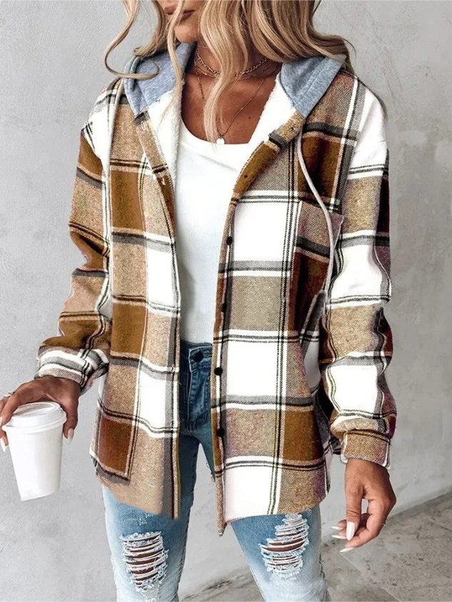 Urban Split Joint Color Block Women's Faux Wool Plaid Striped Jacket