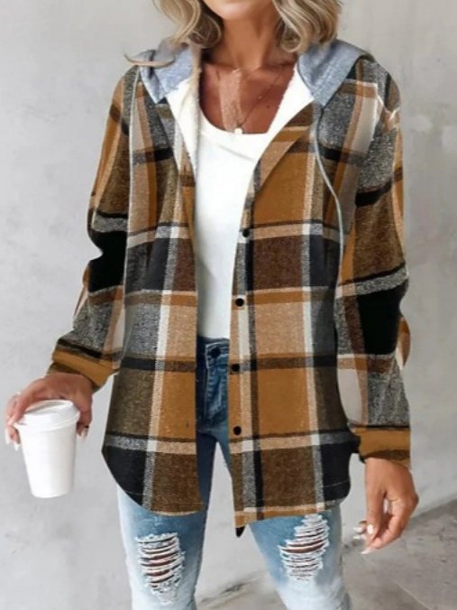 Urban Split Joint Color Block Women's Faux Wool Plaid Striped Jacket