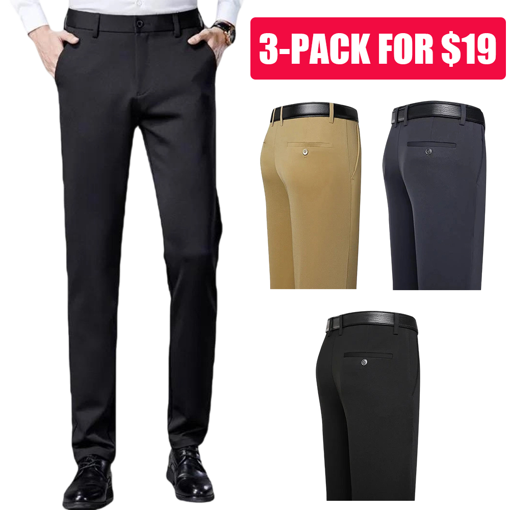 Men's Business Casual Trousers Formal Dress Straight Pants Elastic Black Navy Blue Plain Menswear Gamis