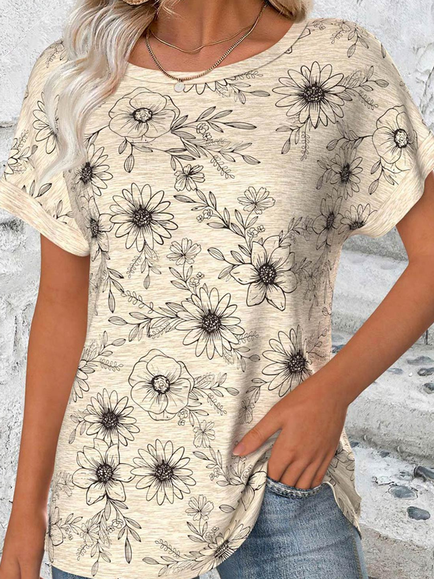 Cotton Crew Neck Floral Casual T-Shirt