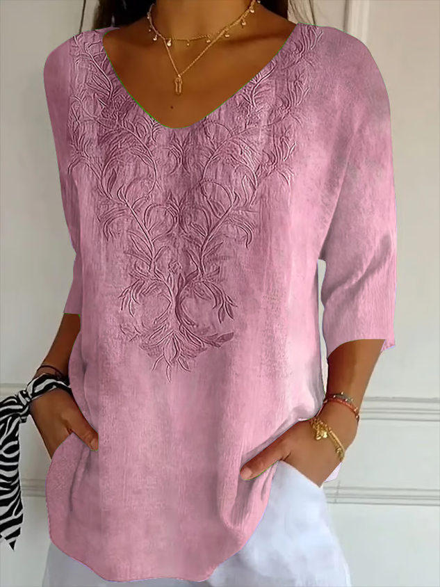 Women Casual Floral V neck Printing Daily Loose Three Quarter Sleeve T-shirts