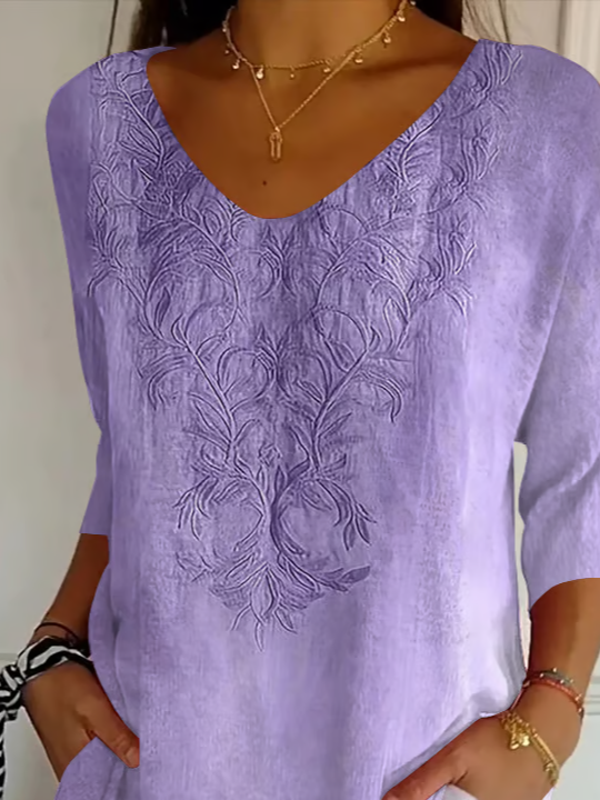Women Casual Floral V neck Printing Daily Loose Three Quarter Sleeve T-shirts